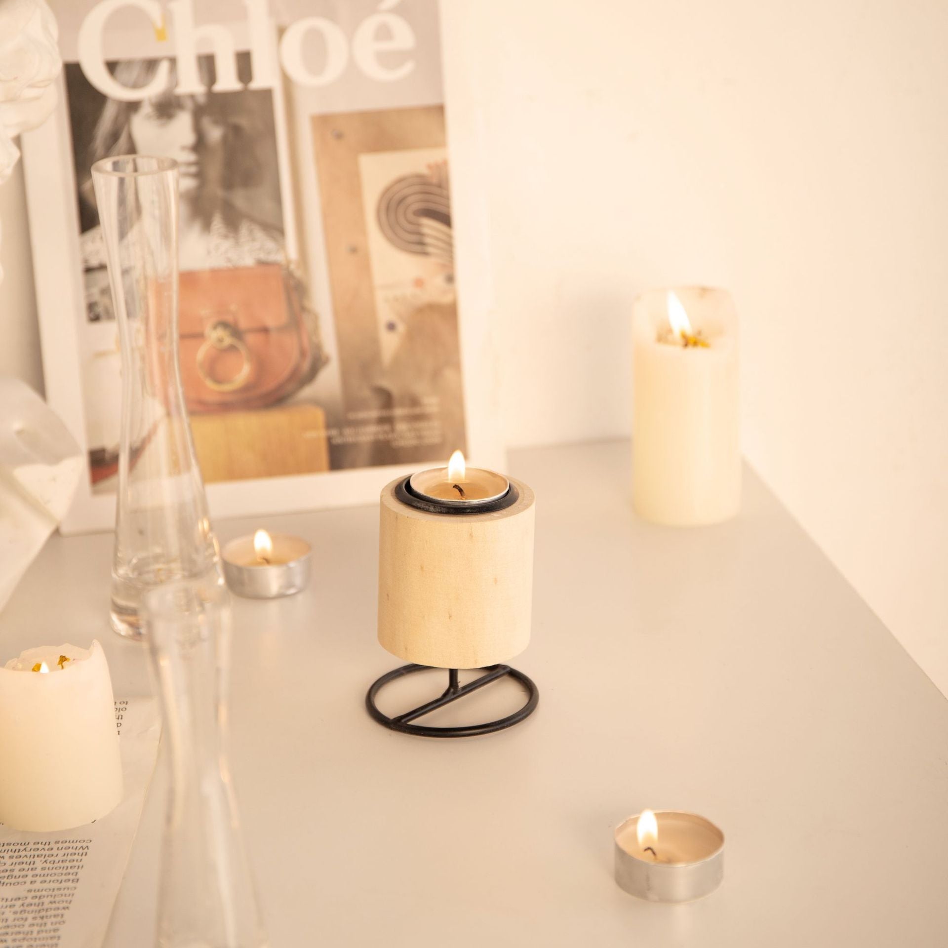 Rustic Wooden Candle Holder with Metal Base - 3.15×2.76 Farmhouse Style Candle Vessel for Cozy Home Ambiance