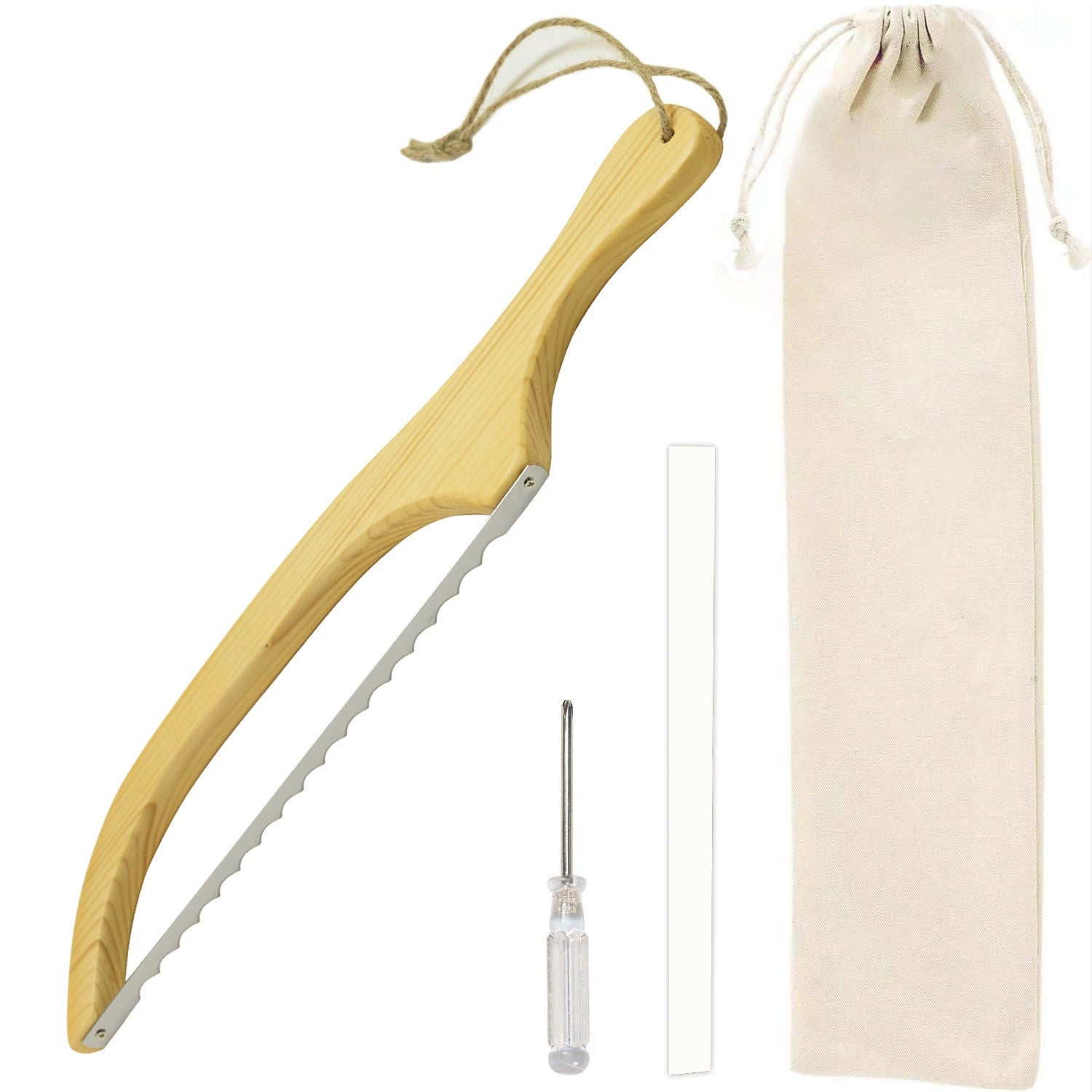 Wooden Bread Knife, 15.75 Inch Serrated Bread Bow Knife for Baguette & Toast, Anti-Bending Wooden Slicing Knife