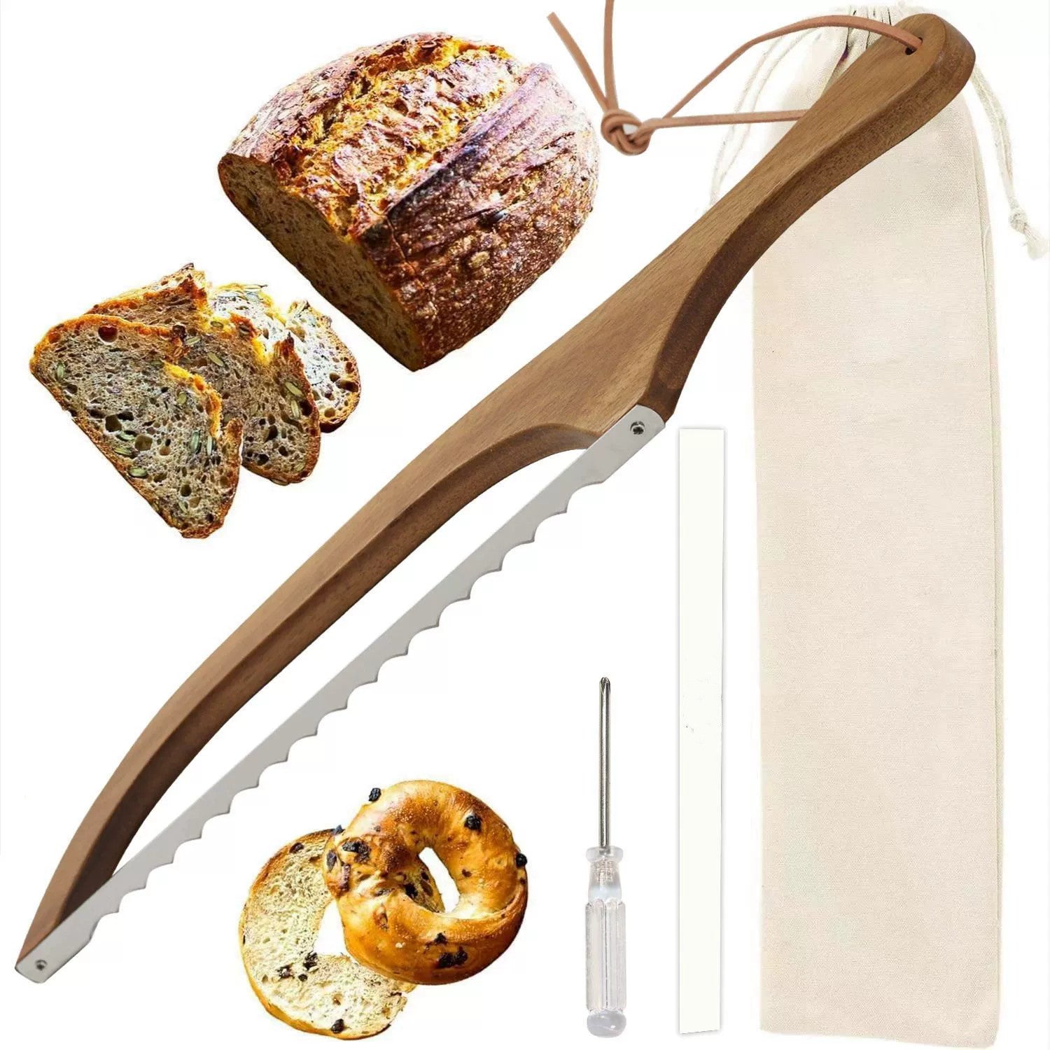 Wooden Bread Knife, 15.75 Inch Serrated Bread Bow Knife for Baguette & Toast, Anti-Bending Wooden Slicing Knife