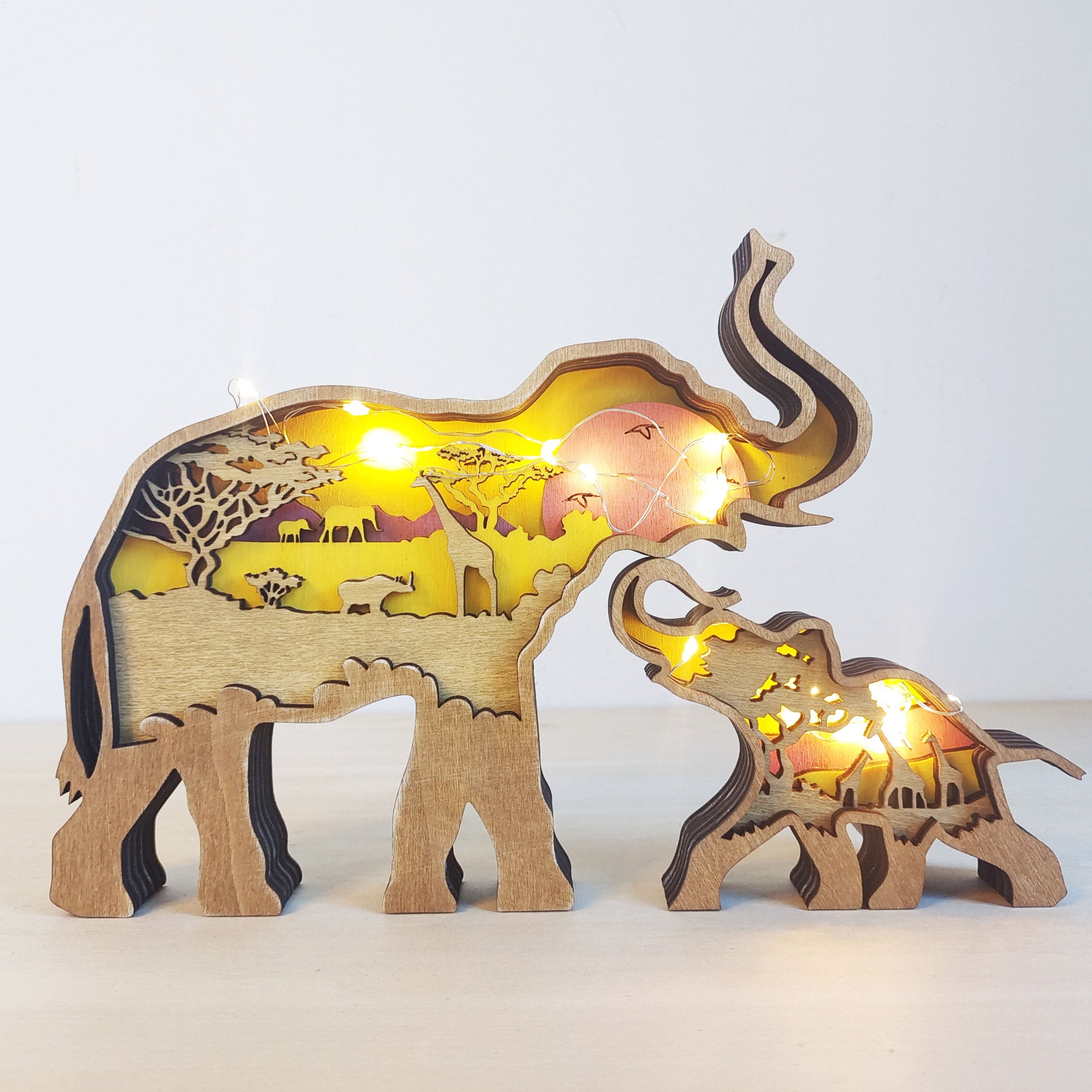 Wooden Carved Elephant Figurine Set, Mother & Baby Elephant Decor with Fairy Lights for Home
