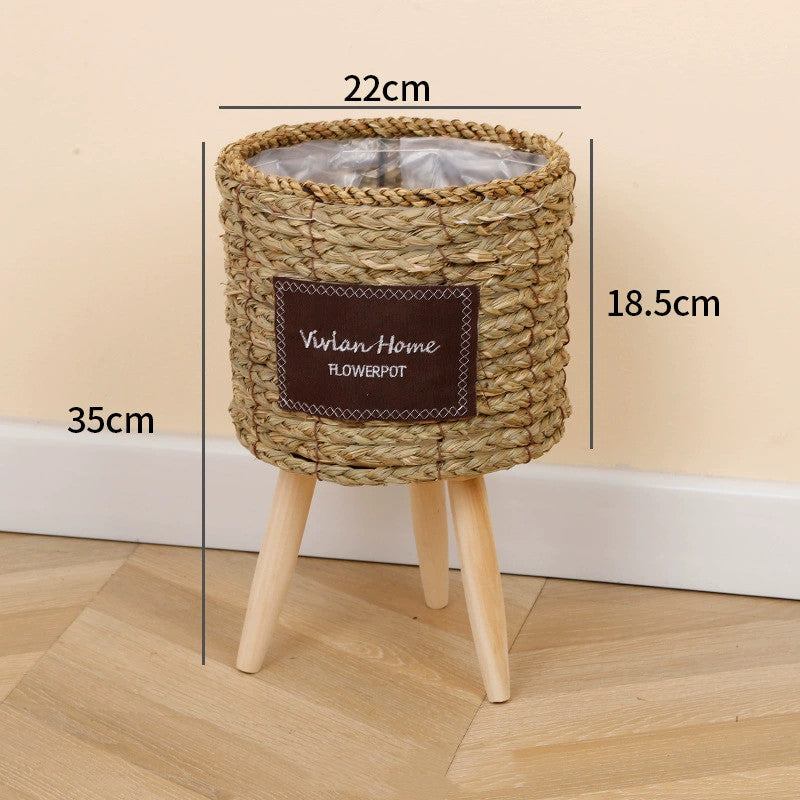 Woven Seagrass Floor Planter with Wooden Legs - 3 Sizes Rustic Decor for Living Room