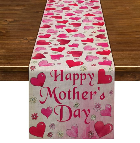 Bulk 2 Pcs Happy Mother's Day Table Runner Watercolor Love Heart Rustic Linen Dining Room Kitchen Table Indoor Outdoor Decoration Wholesale