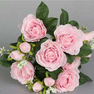 1 Bush 11 Inch Faux Flowers Roses Bouquet with Buds - Artificialmerch