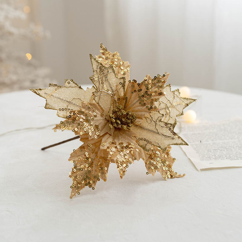 Bulk 9.8" Christmas Poinsettia Pick Artificial Glitter Flowers for Christmas Tree Ornaments Wholesale