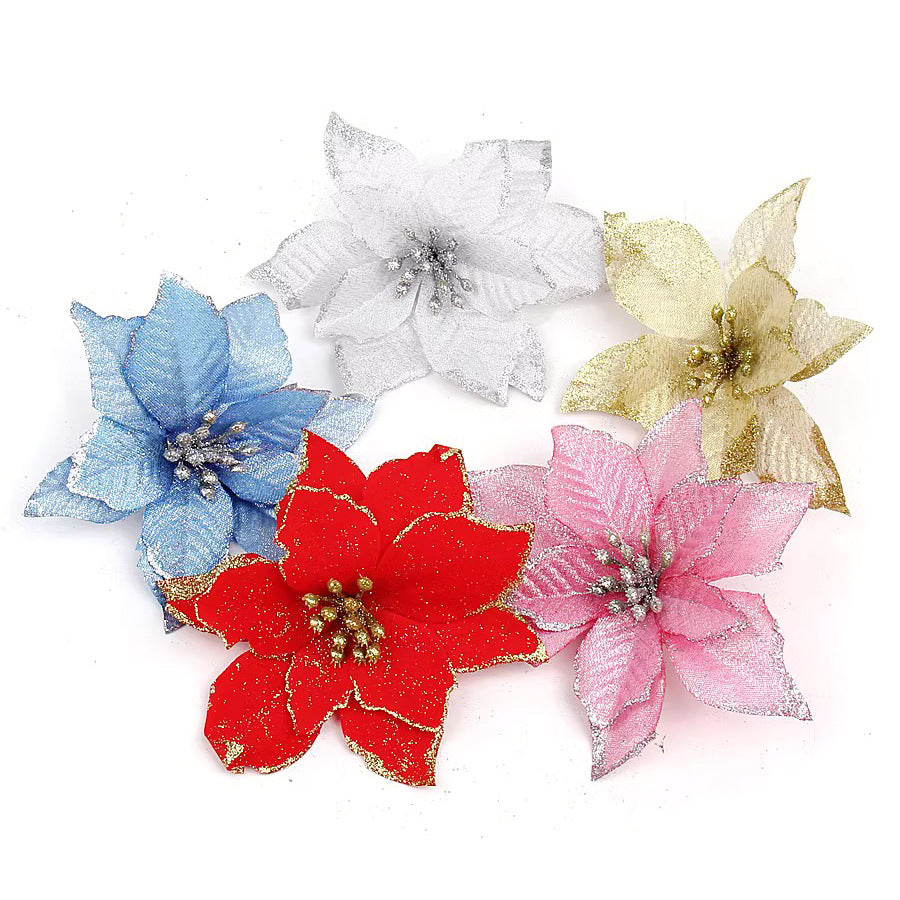 Bulk 36Pcs Artificial Christmas Poinsettia Christmas Tree Flowers Glitter Flowers Hanging Ornaments Wholesale