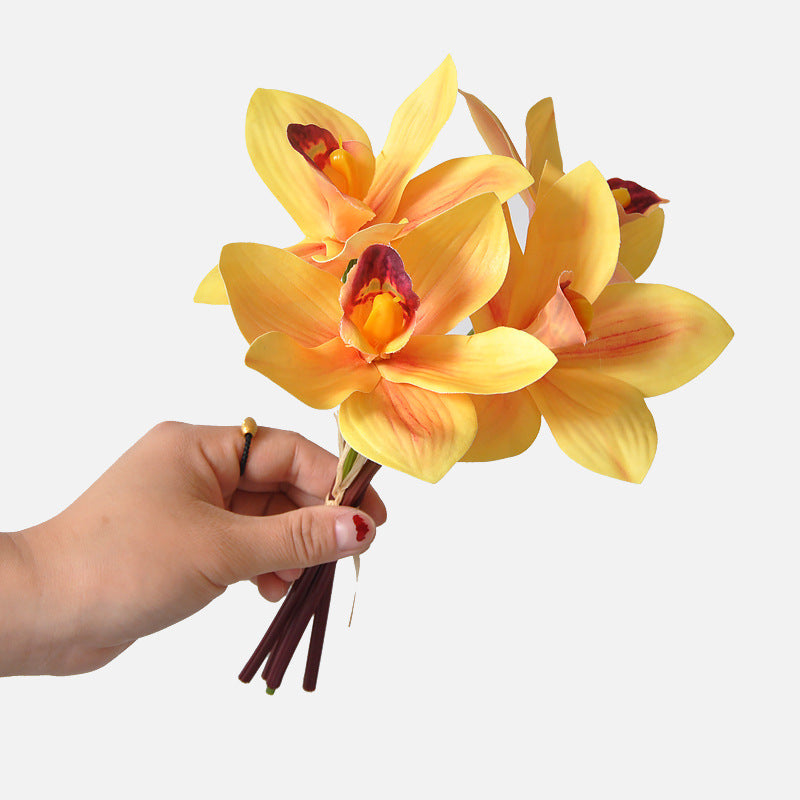 Bulk 10" Artificial Cymbidium Bouquet Real Touch Yellow Flowers Arrangement Wholesale