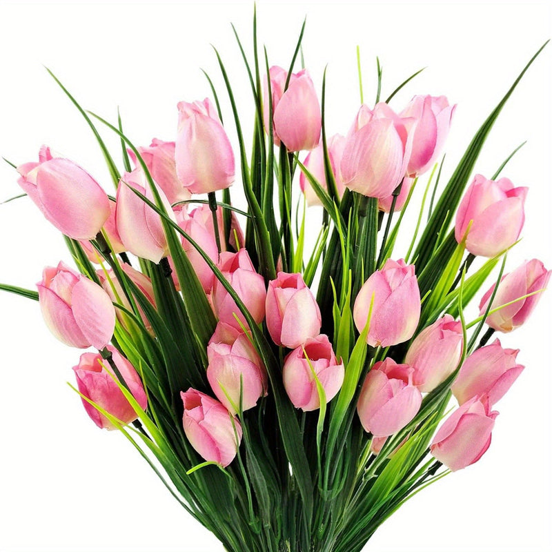 4 Bundles UV-Resistant Artificial Tulip Bushes for Indoor Outdoor Decor, Silk Flowers