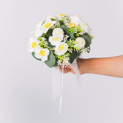 7 Inch Small White Artificial Daffodil and Peony Bridal Bouquet, Bulk 1 Pc