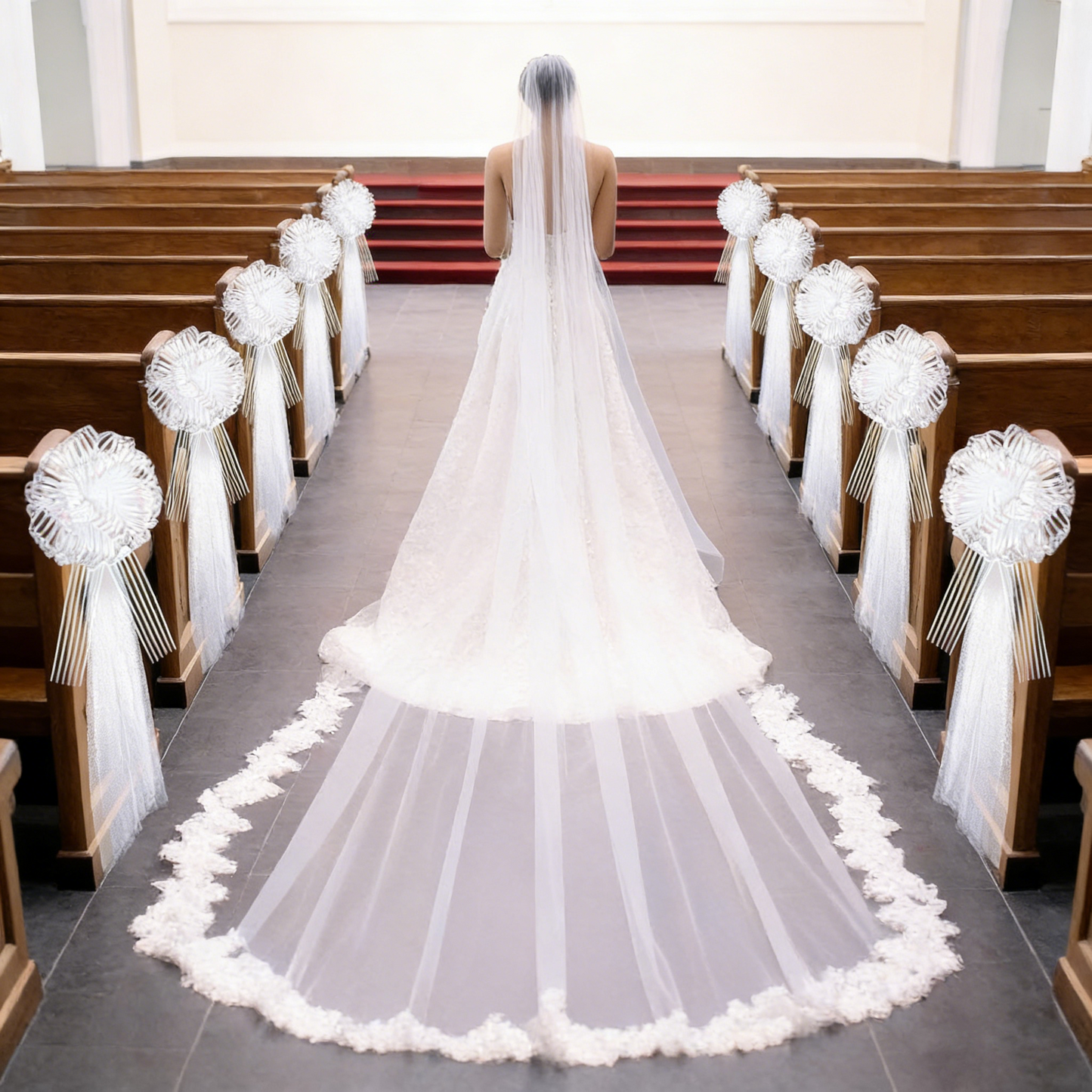 Church Wedding Aisle Chair Decor Kits (5-Pack) – 2m Tulle + White Ribbons per Set