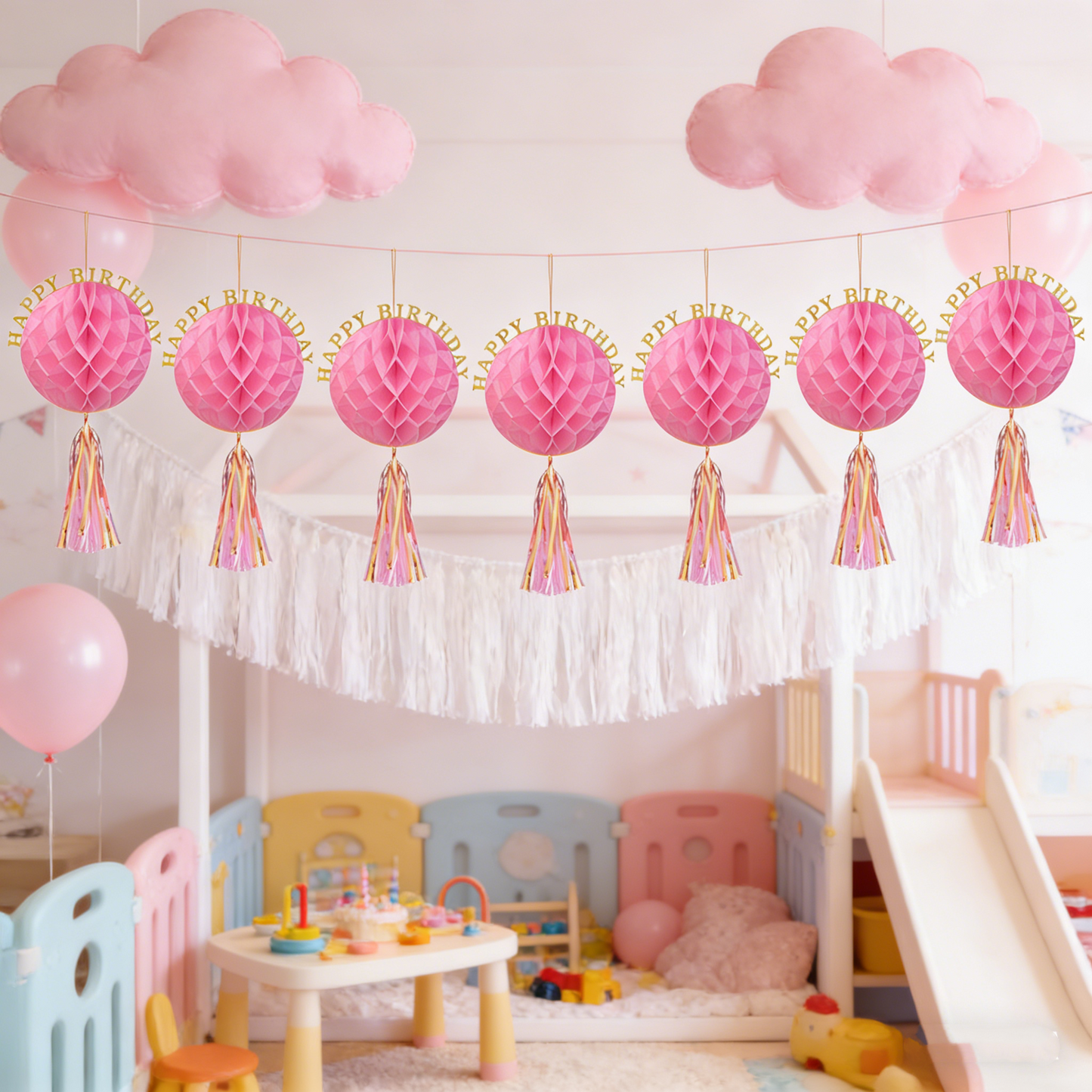 10-Pack 14-Inch Foldable Honeycomb Ball Decorations with Tassels – Birthday Party Decor Supplies