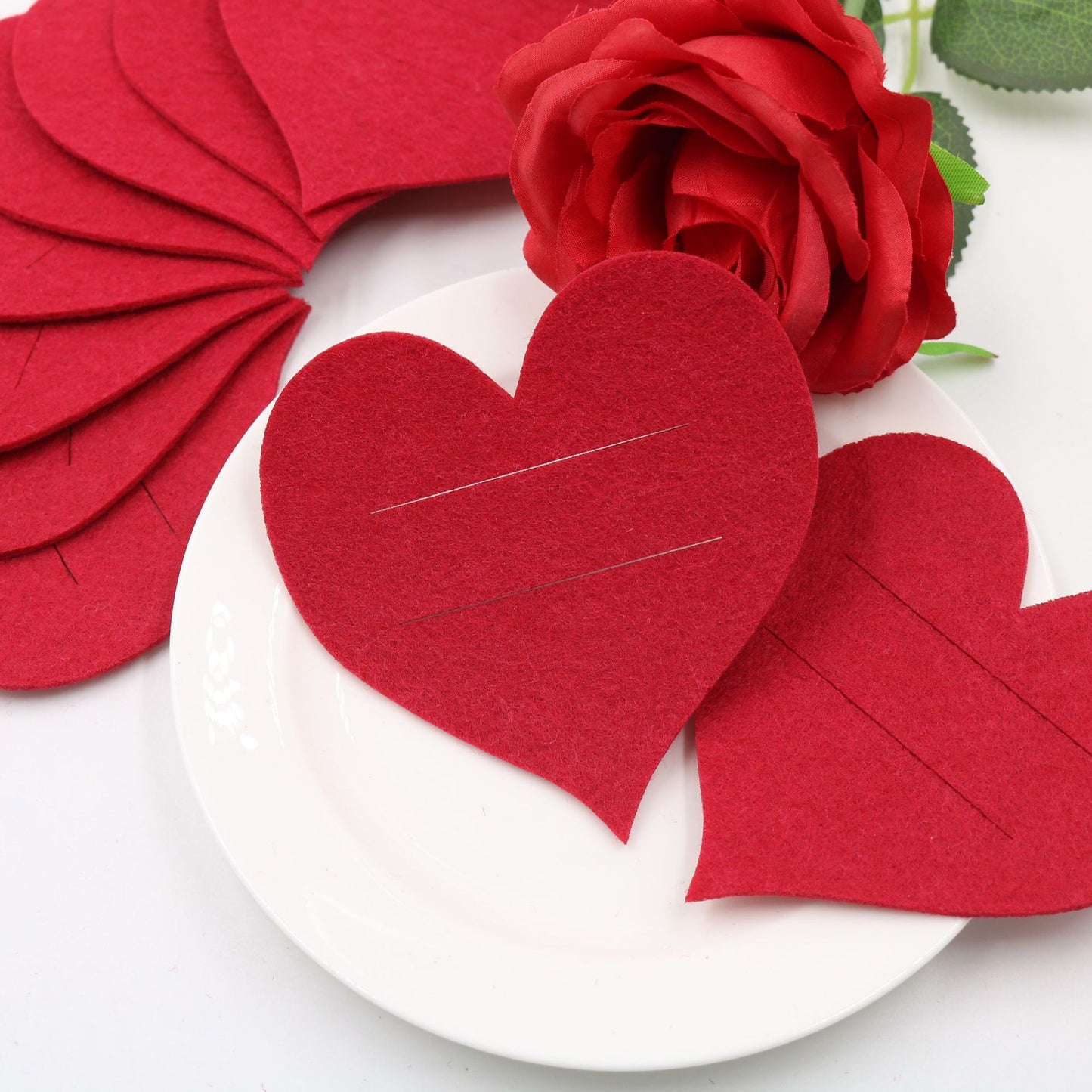 10-Pack 4” Red Felt Heart Utensil Holders - Birthday Party Table Decor