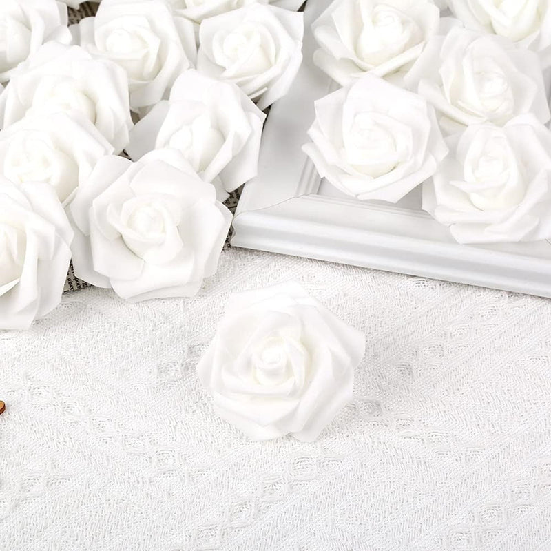 100 Pcs White Artificial Rose Flower Heads for DIY Wedding Baby Shower Centerpieces