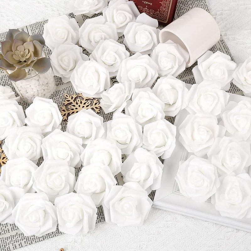 100 Pcs White Artificial Rose Flower Heads for DIY Wedding Baby Shower Centerpieces