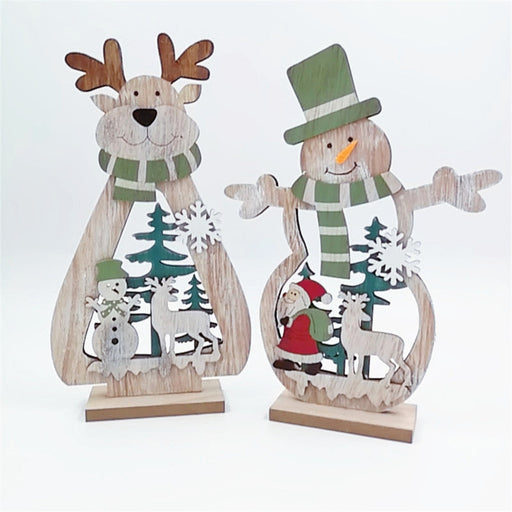 2 Pcs Christmas Wood Ornaments Set with Snowmen and Elk Decorations