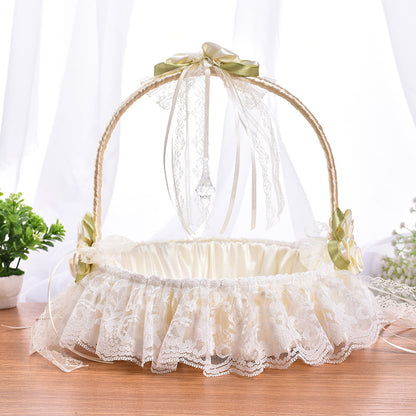 Wedding Flower Girl Basket - Lace & Rhinestone Embellished Vintage White Design