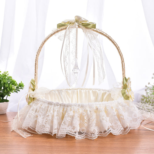 Wedding Flower Girl Basket - Lace & Rhinestone Embellished Vintage White Design
