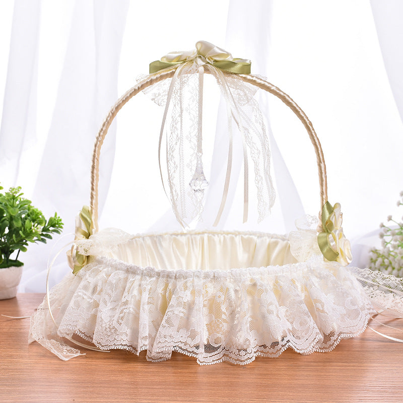 Wedding Flower Girl Basket - Lace & Rhinestone Embellished Vintage White Design