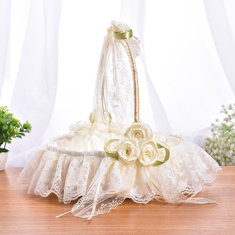 Wedding Flower Girl Basket - Lace & Rhinestone Embellished Vintage White Design