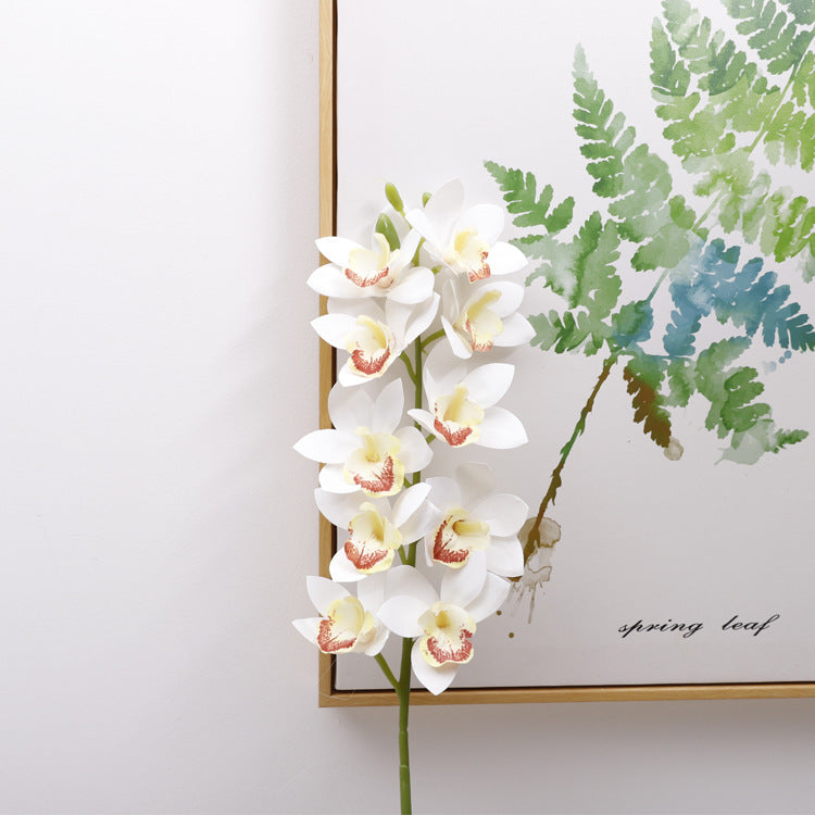 Artificial Cymbidium Orchid - 1 Stem with 10 Blooms, East Asian Style Fake Flower for Floor Decoration