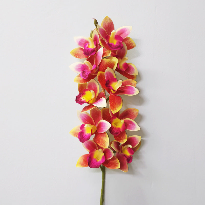 Artificial Cymbidium Orchid - 1 Stem with 10 Blooms, East Asian Style Fake Flower for Floor Decoration