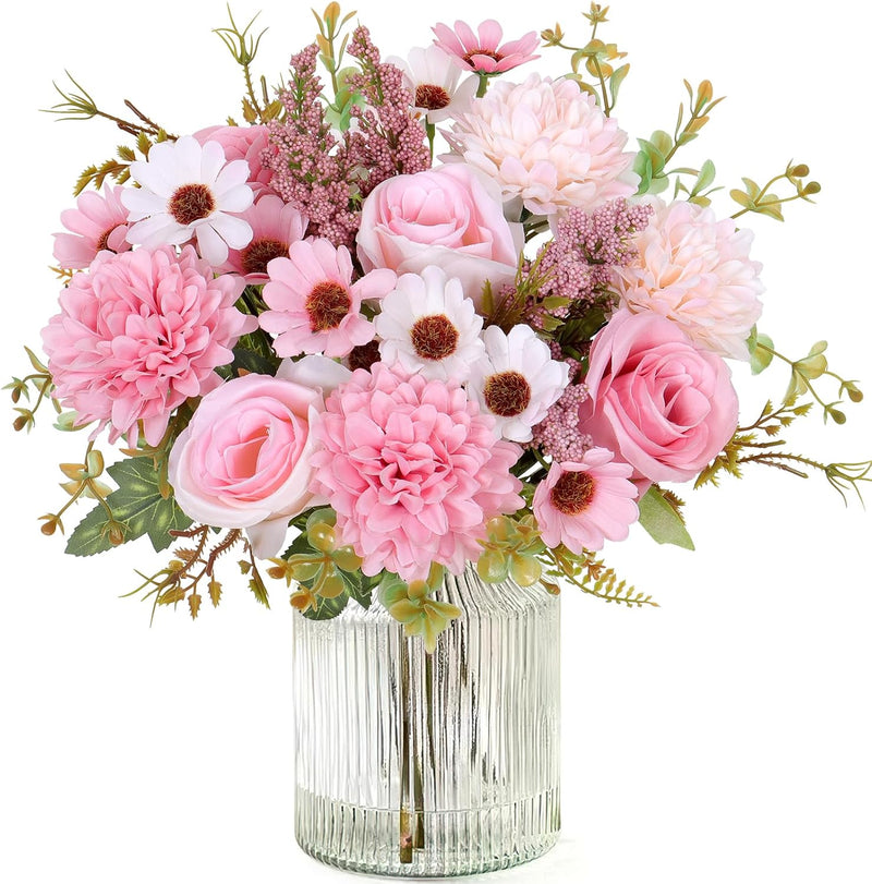 11 Inch Artificial Rose Bouquet with Daisies & Mums, Mixed Flowers, 10 Stems, Silk for Home Decor Wedding Arrangements