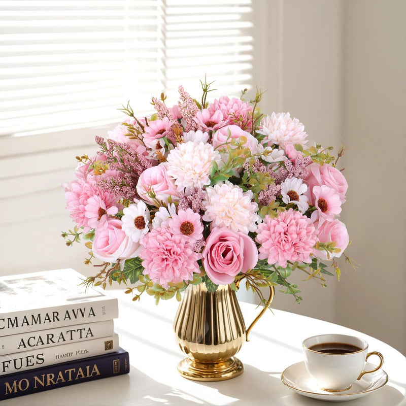 11 Inch Artificial Rose Bouquet with Daisies & Mums, Mixed Flowers, 10 Stems, Silk for Home Decor Wedding Arrangements