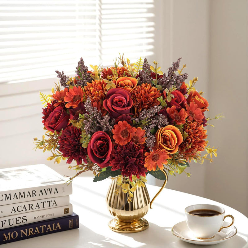 11 Inch Artificial Rose Bouquet with Daisies & Mums, Mixed Flowers, 10 Stems, Silk for Home Decor Wedding Arrangements