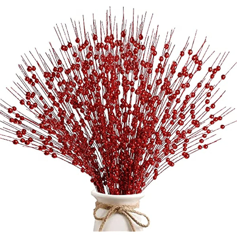10 Bundles 17 Inch Artificial Glitter Holy Berry Stems Christmas Picks Bulk
