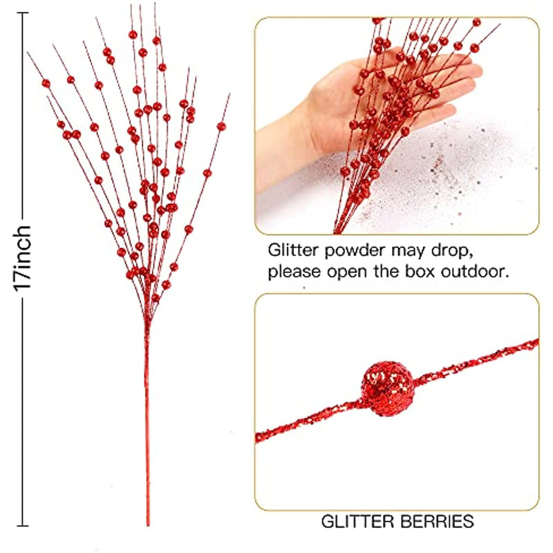 10 Bundles 17 Inch Artificial Glitter Holy Berry Stems Christmas Picks Bulk