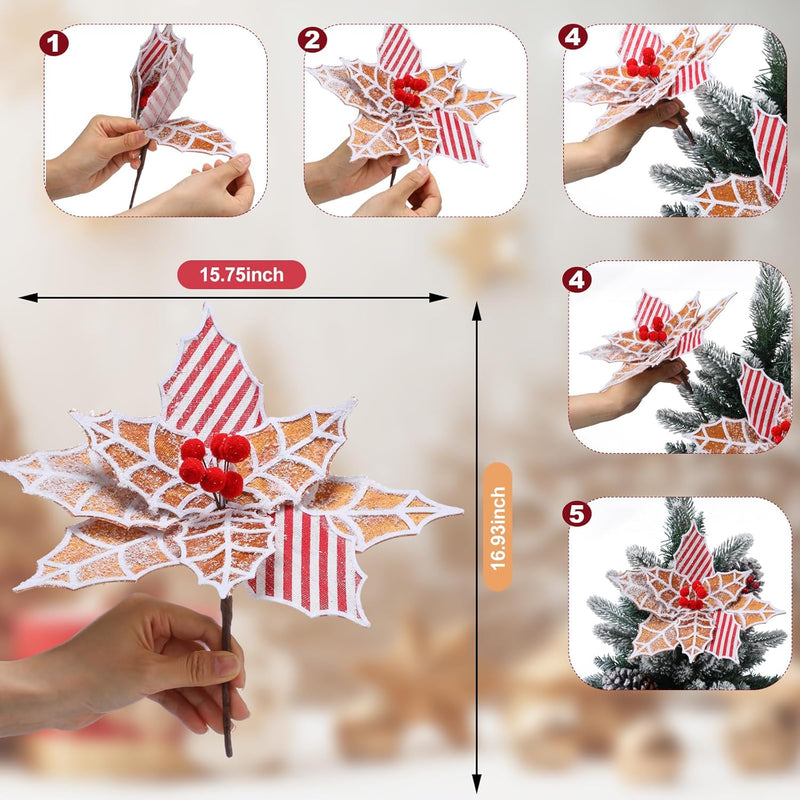 10 Pcs Large Artificial Poinsettia Christmas Decorations, 12 Inch Holiday Floral Stems
