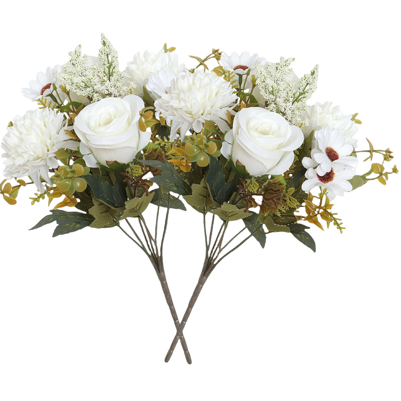 11 Inch Artificial Rose Bouquet with Daisies & Mums, Mixed Flowers, 10 Stems, Silk for Home Decor Wedding Arrangements