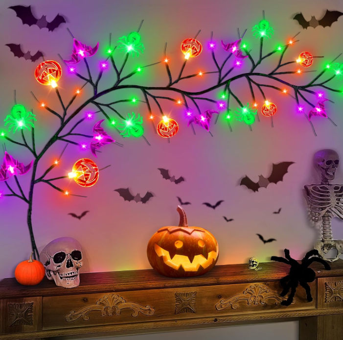 Bulk 6FT Halloween Willow Vine with 54 LED Lights Pumpkin Bat Spider Garland 8 Modes Battery Powered Indoor/Outdoor Decor Wholesale
