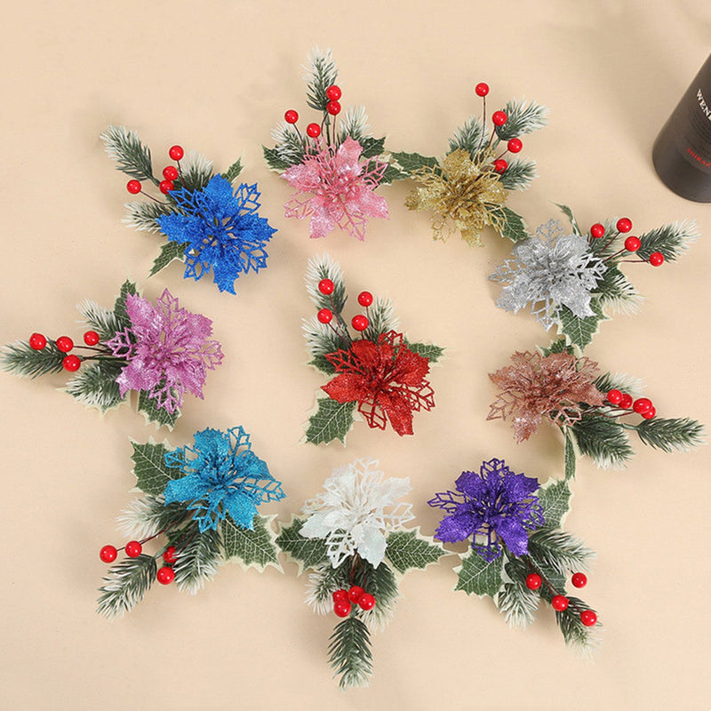 10 Pcs Multicolor Artificial Christmas Poinsettia Flowers with Clips Bulk Pack