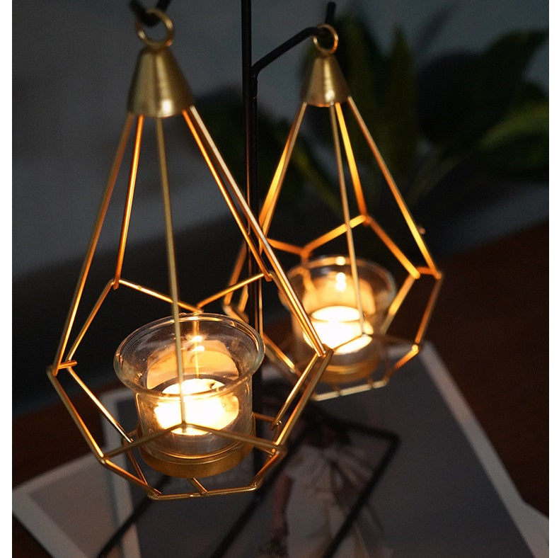 Bulk Irregular Candle Holder with Hanging Geometric Basket Tall Black Iron Stand Candlestick for Tabletop Centerpiece Wholesale