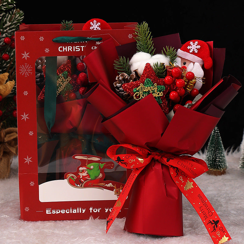 11 Inch Artificial Christmas Flower Bouquet with Glitter Star, Red Berries, and Santa Doll – Bulk Wholesale Gift Set