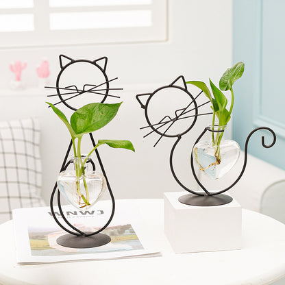 Bulk 1pc Heart-shape Glass Vase with Cat Shape Metal Stand for Home Garden Wedding Decoration Home Decor Wholesale