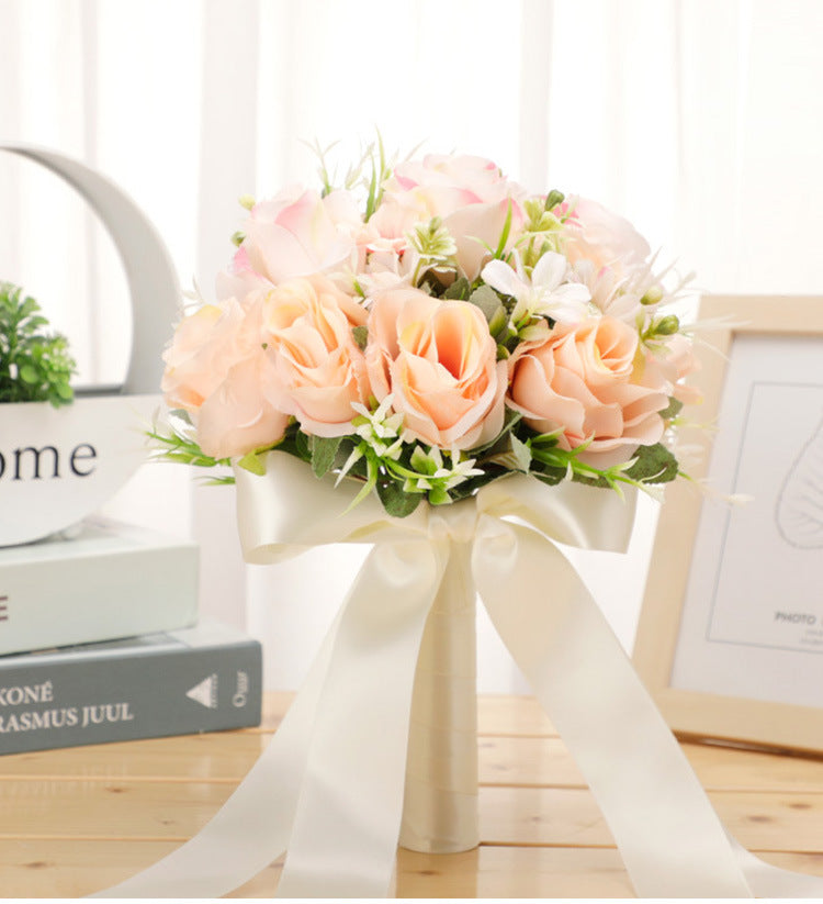 9 Inch Bridal Bouquet 12 Pcs White and Champagne Artificial Wedding Flowers