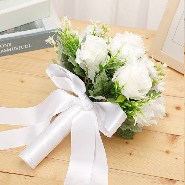 9 Inch Bridal Bouquet 12 Pcs White and Champagne Artificial Wedding Flowers