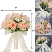 9 Inch Bridal Bouquet 12 Pcs White and Champagne Artificial Wedding Flowers