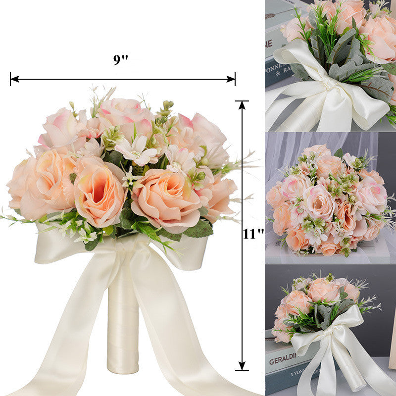 9 Inch Bridal Bouquet 12 Pcs White and Champagne Artificial Wedding Flowers