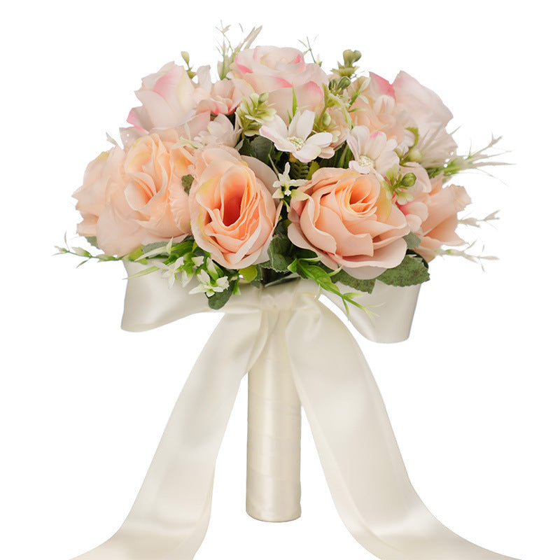 9 Inch Bridal Bouquet 12 Pcs White and Champagne Artificial Wedding Flowers