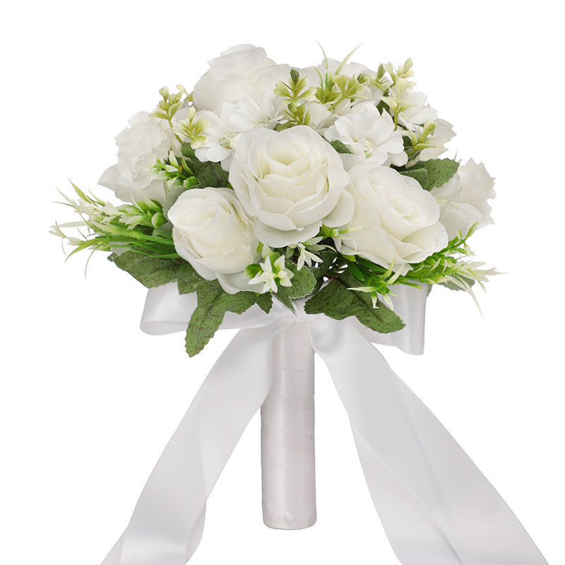 9 Inch Bridal Bouquet 12 Pcs White and Champagne Artificial Wedding Flowers
