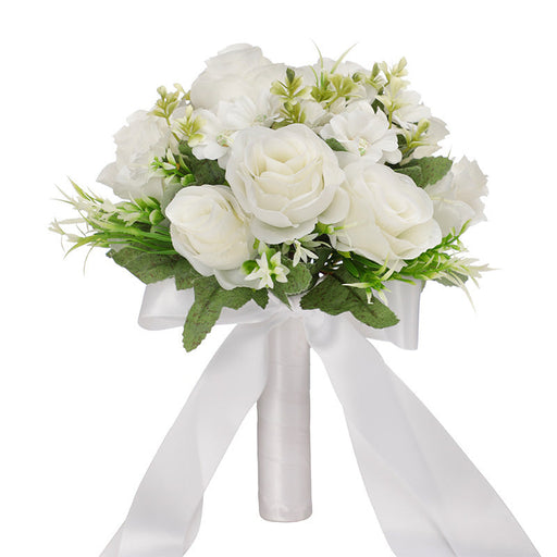 9 Inch Bridal Bouquet 12 Pcs White and Champagne Artificial Wedding Flowers