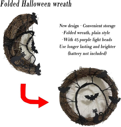Bulk 2 Pcs LED Halloween Wreath - Spooky Black Bat and Cat Decorations for Home and Party Decor Wholesale