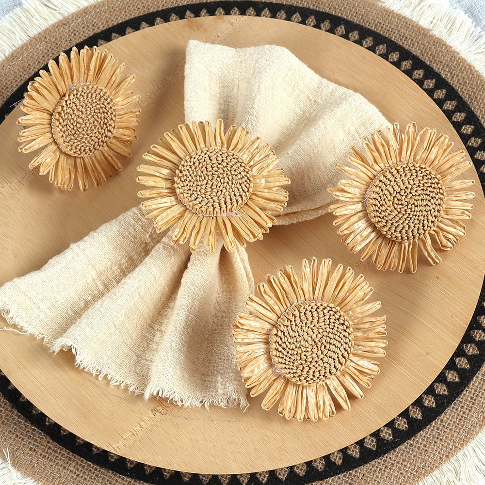 12 - Pack Raffia Woven Sunflower Napkin Rings
