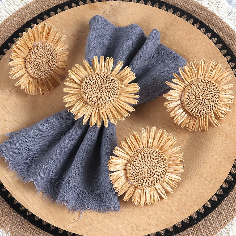 12 - Pack Raffia Woven Sunflower Napkin Rings