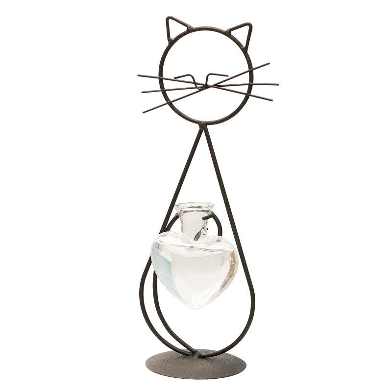 Bulk 1pc Heart-shape Glass Vase with Cat Shape Metal Stand for Home Garden Wedding Decoration Home Decor Wholesale