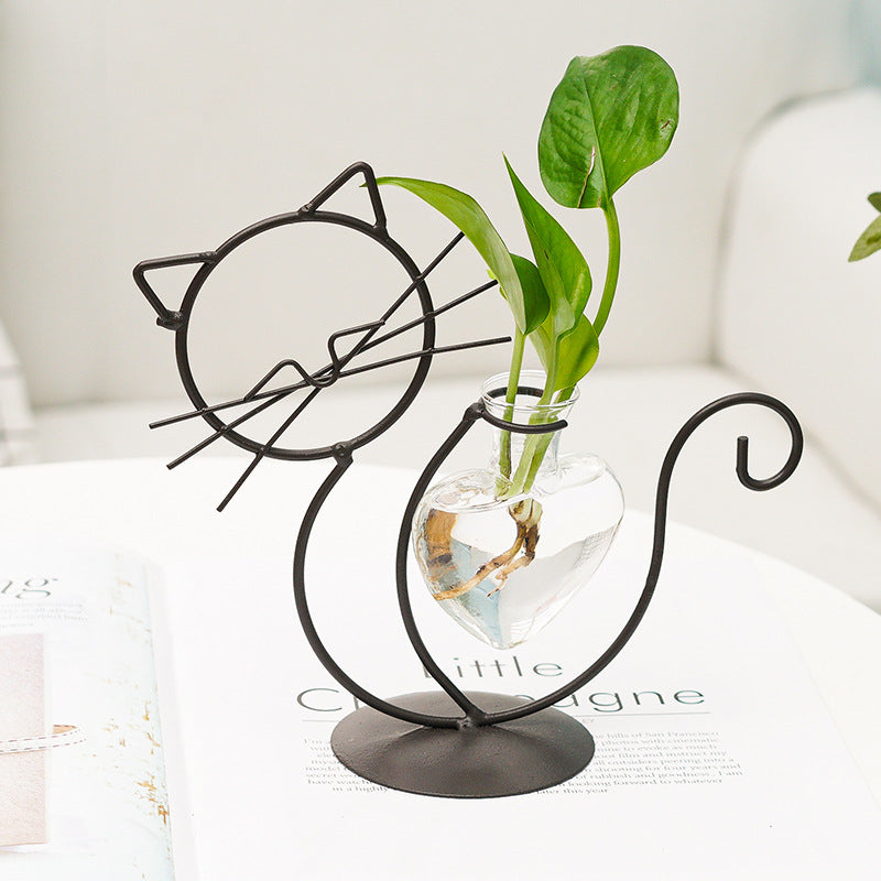 Bulk 1pc Heart-shape Glass Vase with Cat Shape Metal Stand for Home Garden Wedding Decoration Home Decor Wholesale
