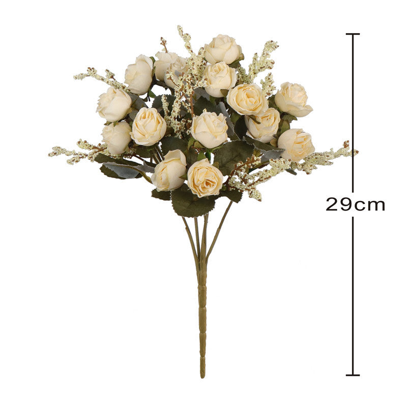 11 Inch Artificial Silk Rose Bush with 15 Heads and Mixed Grass Ears, Bulk Wholesale