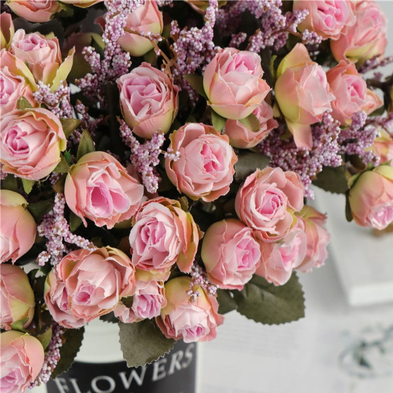 11 Inch Artificial Silk Rose Bush with 15 Heads and Mixed Grass Ears, Bulk Wholesale